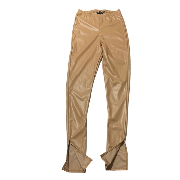 Pretty Little Thing Tan Faux Leather High Waist Pants Hemline Slits Sz 6 - Picture 3 of 12